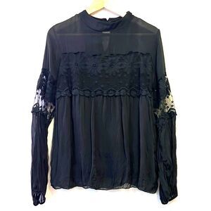 Via Signoria Italy Silk Lace Long Sleeve Black Blouse Sz Medium Whimsigoth Boho